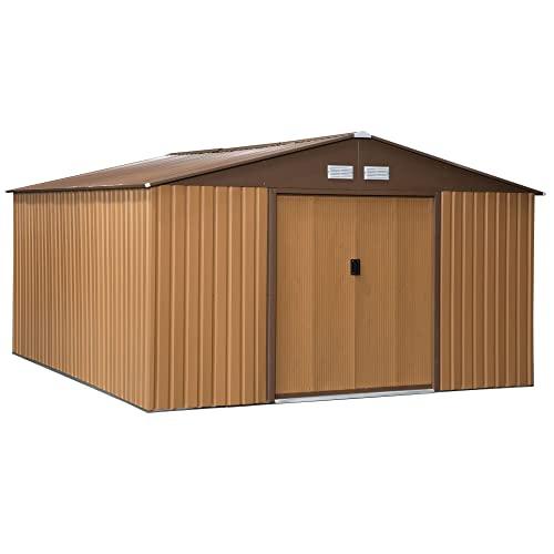 Outsunny Casetta da Giardino 12.4m² con Fondazione, 4 Prese d'Aria e 2 Porte Scorrevoli, Capanno Porta Attrezzi in Lamiera d'Acciaio, 340x386x200 cm, Giallo