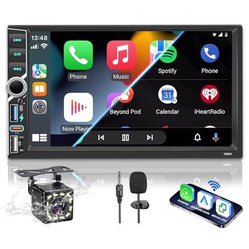 Autoradio 2 DIN BT Car Radio Car Play con Wireless Carplay e Android Auto, Doppio DIN 7 pollici HD Touch Screen, Radio FM RDS/Tipo C/Ricarica rapida/Microfono/Telecamera posteriore