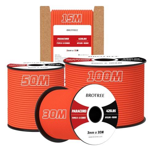 Brotree Paracord 3mm 15M Corda 100% Nylon Tipo II 3 Fili Corda Paracord 425 per Esterno, Artigianato, Fatto a Mano - 192 kg Carico di Rottura (Arancione Neon)