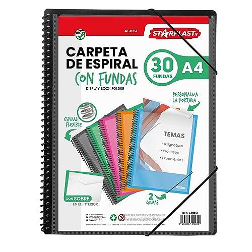 Starplast Cartella Buste Spirale Flessibile - 30 buste trasparenti, A4, chiusura elastica, copertina in polipropilene, copertina personalizzabile, per uso scolastico e ufficio - Nero