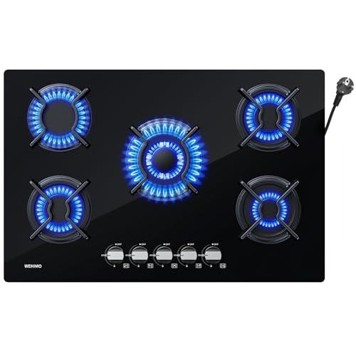 WEHIMO Piano Cottura a Gas 5 Fuochi da Incasso, Piano Cottura 77cm, 10500W, Protezione Flame-Out, Gas Naturale/Propano/Butano, Vetro Nero