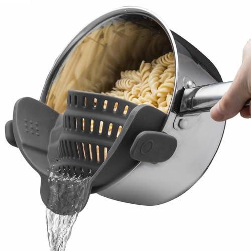 1 colino in silicone, regolabile, con clip, per padelle e ciotole, resistente al calore, filtro per lavaggio frutta per tagliatelle, pasta e verdure