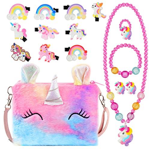 OSDUE Set di 16 Gioielli per Unicorno Borsetta Bambina, Unicorno Peluche Borsetta Bambina, Set Gioielli Unicorno Accessori per Capelli Mollette per Capelli Ragazze Arcobaleno Collana Bracciale Anello