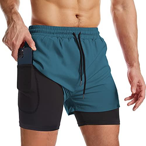 Danfiki Pantaloncini Sportivi da Uomo Running Shorts Asciugatura Rapida con Tasca per Jogging Tennis Fitness Allenamento 2 in 1,Blu Pavone,L