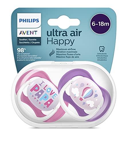 Ciuccio ultra air Philips Avent, per 6-18 mesi, ortodontico e senza BPA, 2 pezzi, custodia da trasporto/sterilizzazione inclusa, SCF080/04 Barca/Mongolfiera