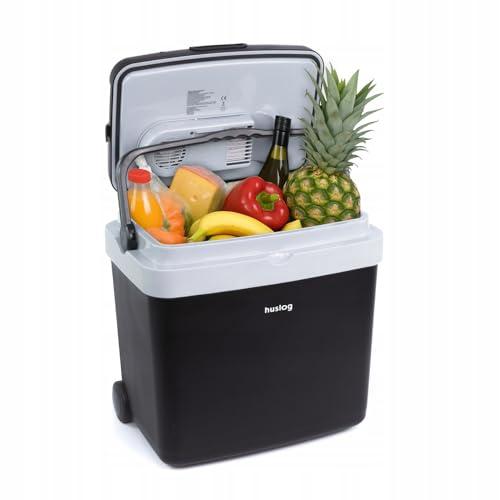 Huslog Frigo Elettrico Portatile 33L con Ruote e Manico Estraibile, 12V/220-240V, Funzione Frigo e Riscaldamento, Modalità ECO, Mini Frigorifero Compatto per Auto, Campeggio e Viaggi, Nero