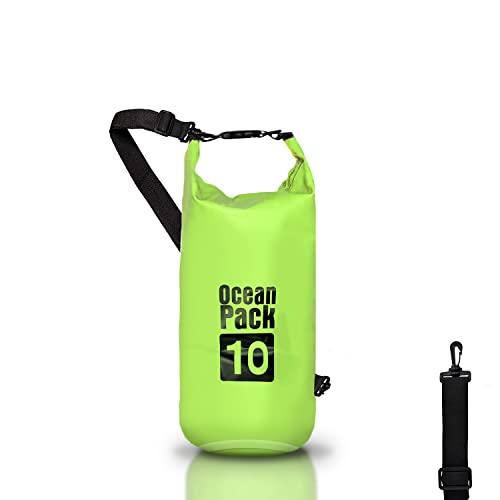 Dry Bag, Borsa Sacca Zaino Impermeabile Waterproof, chiusura a rotolo e tracolla, custodia impermeabile per cellulare e marsupio per Mare Barca Pesca Rafting Spiaggia Sport Acquatici (Green, 10l)