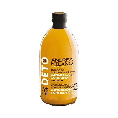 Deto Andrea Milano, Aceto di Mele Biologico con Madre con Cannella e Curcuma, Non Filtrato e Non Pastorizzato, Ideale da Bere Solo o come Condimento su Tartare di Carne o Tonno, Made in Italy, 500 ml