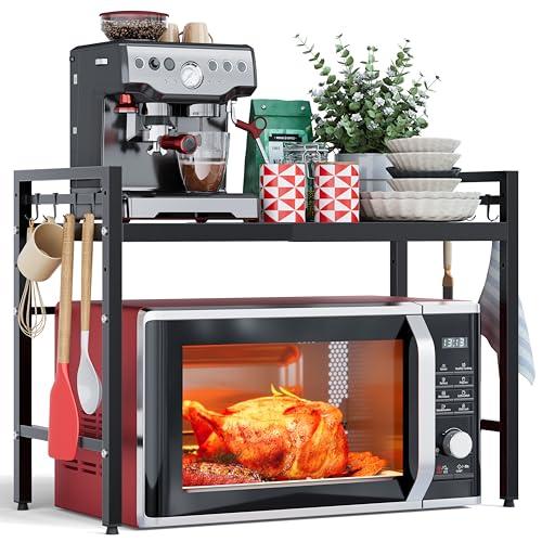 NETEL allungabile mensola microonde a 2 Livelli,supporto microonde salvaspazio,mensola per friggitrice ad aria,scaffale da cucina，Organizzatore di Stoccaggio per Cucina con 8 Ganci, Nero