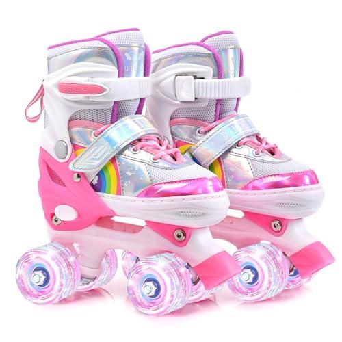 ERNAN Pattini a Rotelle regolabili. patini bambini 4 ruote luminosi per ragazze e ragazzi. Comodi pattini ideali per principianti (Rainbow, M)