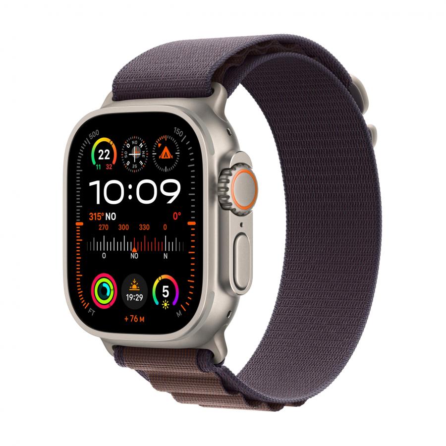 Apple Watch Ultra 2 GPS + Cellular 49mm Smartwatch con robusta cassa in titanio e Alpine Loop indaco - Medium. Fitness tracker, GPS di precisione, tasto Azione, batteria a lunghissima durata