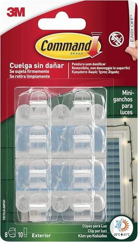 Command Ganci Adesivi Trasparenti per Esterni - 8 Mini Ganci e 10 Strisce Adesive per Appendere Luci in Giardino in Modo Sicuro e Senza Danni