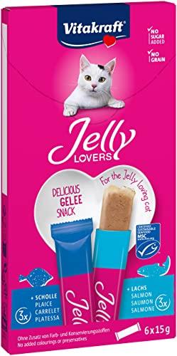Vitakraft Jelly Lovers, snack gatto, con salmone e platessa, in formato convenienza, senza l'aggiunta di zuccheri e cereali (1 confezione con 6x 15g)