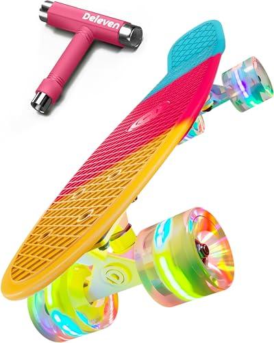Deleven Skateboard 56cm con Ruote LED, Tool per Skate e Cuscinetti Abec 7 - Per Bambini Principianti Ragazze Ragazzi Adolescenti Adulti