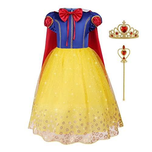 Aomig Snow Principessa Vestito, Snow Bianco Costume Principessa Carnevale Costumi con Corona e Scettro Principessa Bambina, Bianco Neve Costumi con Mantello per Ragazze Natale Halloween Cosplay,130cm