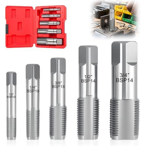 GWAEPU Set di 5 trapani per filettature di tubi BSP: 1/8 pollici, 1/4 pollici, 3/8 pollici, 1/2 pollici, 3/4 pollici filettatura interna ed esterna, utensile di riparazione per tubi metallici con