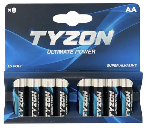 TYZON® Batterie Alcaline AA 1.5V Confezione da 8 | Lunga Durata, Alta Densità Energetica, Ideali per Consumo Minimo