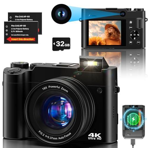 Fotocamera Digitale 64MP 4K,Macchina Fotografica Digitale Compatta con Doppio Obiettivo Scheda 32GB, Zoom 16X Anti-Shake, 2 Batterie per Adolescenti,Principianti, Adulti