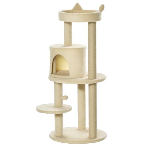 PawHut Albero Tiragraffi per Gatti a 3 Livelli con Trespoli, Casetta e Pallina Appesa, Albero per Gatti in Legno, Sisal e Peluche, 48x48x104 cm, Bianco Crema