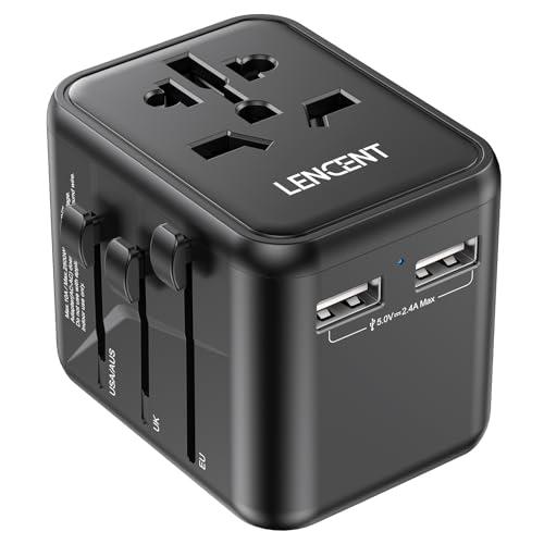 LENCENT Adattatore Spina Universale, Presa Internazionale con 2 Porte USB, Caricatore Spina da Viaggio per Europa, Stati Uniti, Canada, Regno Unito e Australia, Mini & Compatto, per 200+ Paesi -Nero