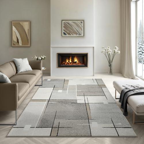 the carpet Pearl - Tappeto moderno a pelo corto, per soggiorno e camera da letto, motivo geometrico, a quadri, 160 x 220 cm, colore beige