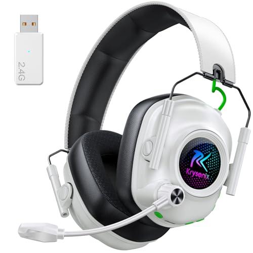 Krysenix Cuffie Gaming Wireless per PS5, PS4, PC, Mac, Switch, 2.4GHz Cuffie Bluetooth con con Microfono Antirumore, 40H di Autonomia cuffie wireless, Luce LED, Bianco Puro