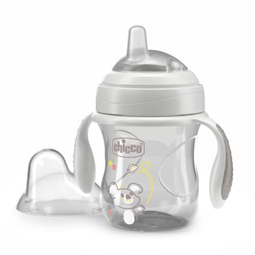 Chicco Transition Cup Bicchiere Antigoccia per Bambini 200ml, Tazza Biberon 4+ Mesi per Imparare a Bere, con Beccuccio Ergonomico in Silicone, Doppia Valvola Anticolica, senza BPA - Grigio