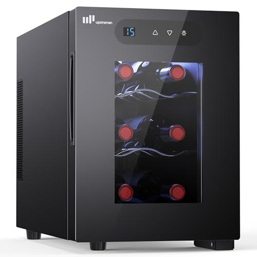 Upstreman Cantinetta Vino 6 Bottiglie., 5-18°C Regolabile, Display Touch Digitale, Silenziosa, Doppio vetro termico anti-UV, Illuminazione LED