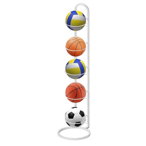 LURICO Supporto per palline verticale a 5 livelli, stabile supporto per 5 palline, rimovibile e salvaspazio, scaffale robusto per basket, calcio e pallavolo (bianco)