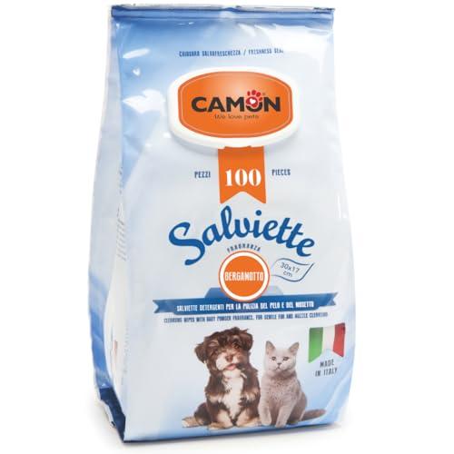CAMON | Salviette Detergenti per Cani e Gatti, 30x17 cm, Confezione da 100 Pezzi, Fragranza Bergamotto, Senza Alcool etilico né Parabeni, Made in Italy