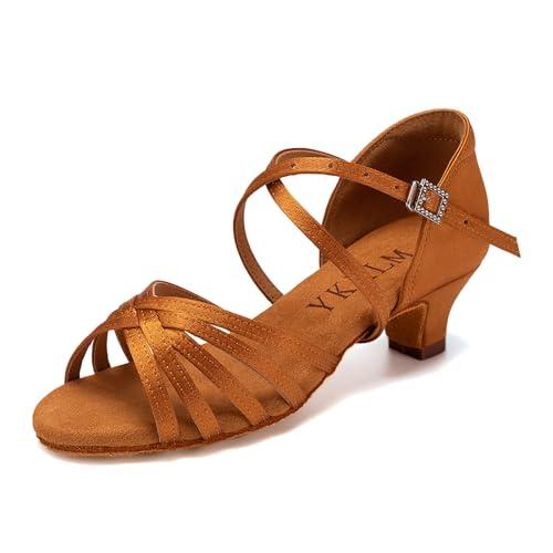 YKXLM Scarpe da Ballo Latino Americano Donna con Punta Aperta Scarpe Danza Latina Bambina con Tacco 4cm,Marrone,37.5 EU