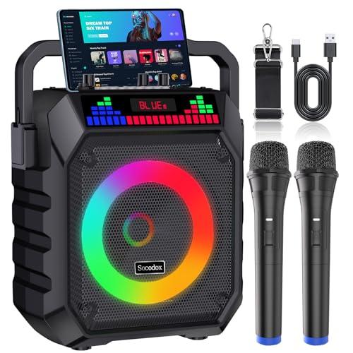 Socodox Macchina Karaoke Portatile, Altoparlante Bluetooth con 2 Microfoni Senza Fili per Adulti e Bambini, Luci RGB, Sistema PA, Supporto USB/TF/AUX per Feste in Casa e all'Aperto