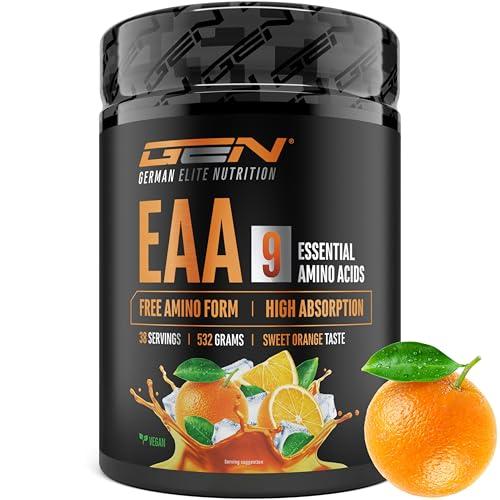 Polvere EAA 532 g (38 porzioni) - Tutti i 9 aminoacidi essenziali incl. istidina e BCAA - Formula Human Code - Vegano - Molto solubile - Bevanda di amminoacidi rinfrescante (Sweet Orange)