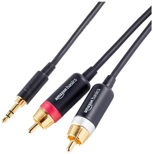 Amazon Basics Cavo audio adattatore da Aux 3,5 a 2 RCA per amplificatori, casse attive, con connettori placcati oro, 2.4 m, Nero