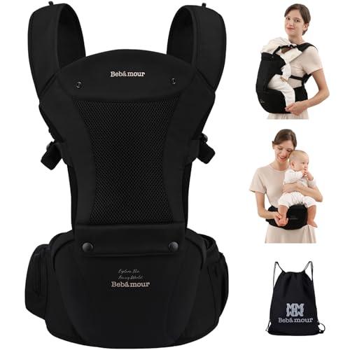 Bebear Marsupio,Bebamour Marsupio per 0-36 mesi, marsupio traspirante da neonato a bambino, approvato dagli standard di sicurezza, seggiolino ergonomico 6 in 1 anteriore,Cotton Black