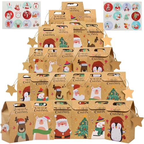 Bigqin 24 Pezzi Sacchetti Natalizi,Natale Sacchetti di Carta Kraft Sacchetti Regalo per Caramelle Regali Riutilizzabile,Scatola&corda di canapa& cartellino&etichetta numero (1-24)