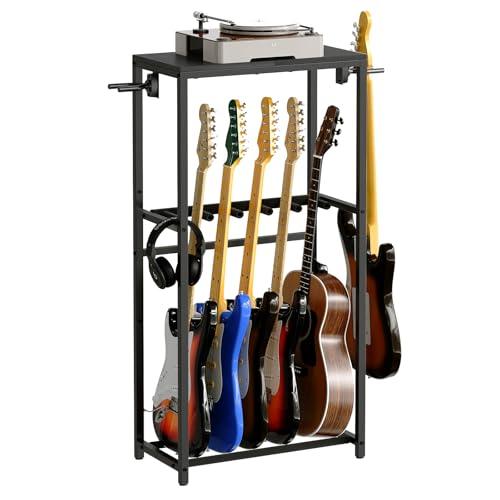 MAHANCRIS Supporto Porta Chitarre a 2 Livelli per 5 Strumenti, Chitarre Acustica, Elettrica, Bass, Ukulele, Banjo. con Ripiano per Accessori, Protezione in EVA, Nero AGSHB6501