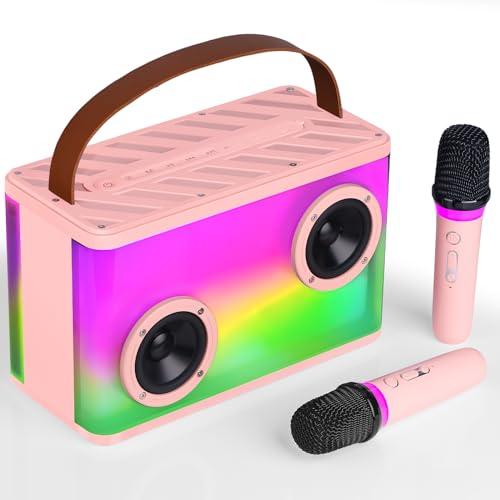 BONAOK Karaoke con Cassa e Due Microfoni, Macchina per Karaoke Bluetooth,Caraoke Bluetooth per Bambini Adulti, Portatile Microfono Ricaricabile Karaoke,Supporta BT/TF/USB/AUX(Rosa)