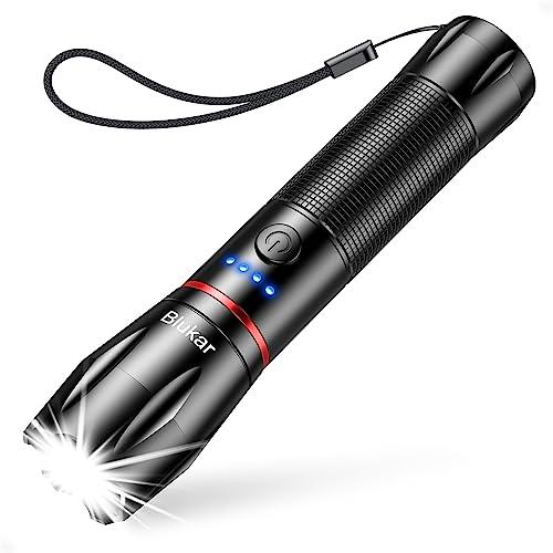 Blukar Torcia LED Ricaricabile, Super Luminoso Zoomabile Torcia Elettrica con 5 Modalità di Illuminazione, Alta Potenza, Impermeabile Flashlight per Campeggio/Escursionismo/Emergenza(Nero)