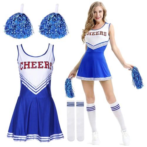 DAZZTIME Disfraz de Animadora Mujer Adulta,Disfraz de Animadora para Mujer Talla-S,Uniforme de Cheerleader,con Pompones y Calcetines,Disfraz Carnaval para Halloween y Fiestas de Disfraces.
