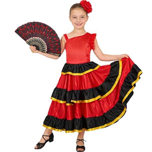 LOLANTA Abito Flamenco Spagnolo con Volant a Strati per Ragazze, Costume da Danza Stile Sevillana, con Fiore Rosso e Ventaglio Pieghevole, 360 Gradi, 9-10 Anni, 140