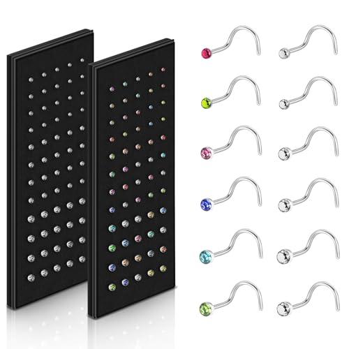 Aucuu Piercing Naso 120 Pezzi, Acciaio Inossidabile 316L, Brillantino per Donna Uomo, Ipoallergenico, Orecchini Narice Curvo - 20G 1,5/2/2,5/3mm