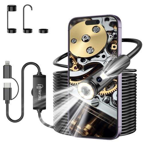 Ferdiiz Endoscopio per Smartphone, 1920P HD Telecamera Endoscopica a Doppia Lente con 8+1 LED, Sonda Telecamera Impermeabile IP67, Telecamera Ispezione Tubi per Android e iOS senza WiFi - 32,8 ft/10 m