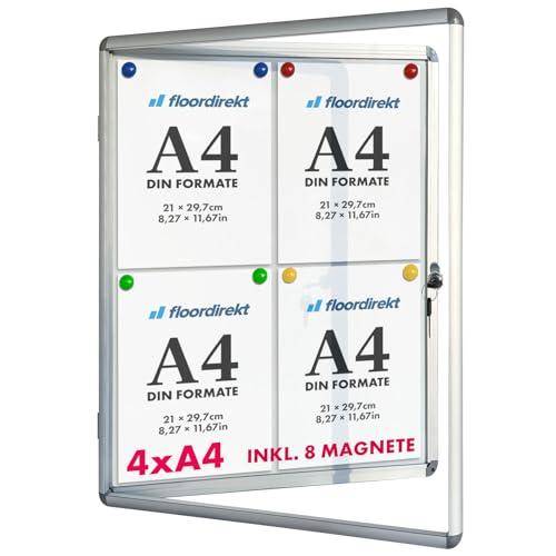 Floordirekt Bacheca da parete 4 x DIN A4 con cornice in alluminio e vetro acrilico, inclusi magneti. Bacheca per annunci con cornice in alluminio, vetro acrilico, retro magnetico e superficie