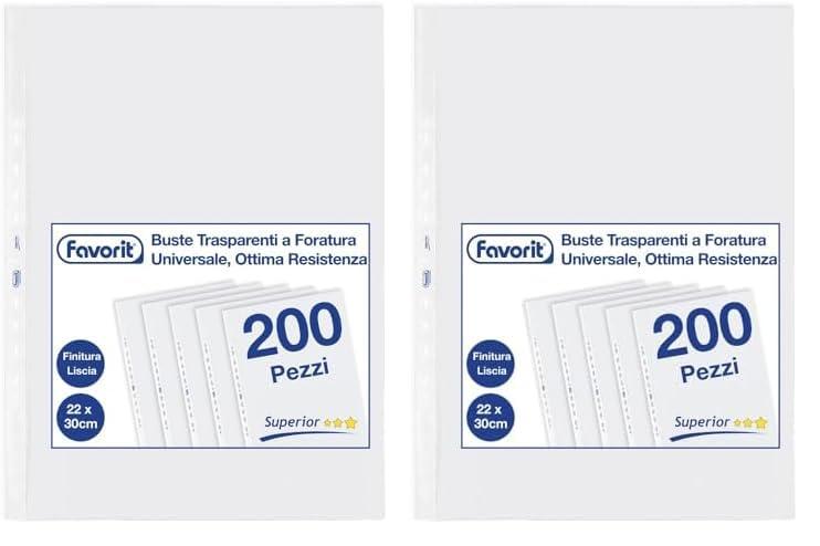 Favorit Buste Perforate Trasparenti, 22 x 30 cm, Adatte per Documenti A4, Lucide, 200 PEZZI (Confezione da 2)