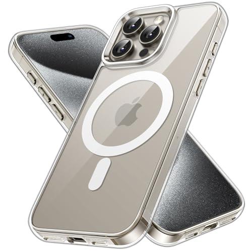JETech Cover Magnetica per iPhone 15 Pro Max 6,7 Pollici Compatibile con MagSafe Ricarica Wireless, Telefono Custodia Antiurto, Retro Antigraffio Trasparente (Trasparente)