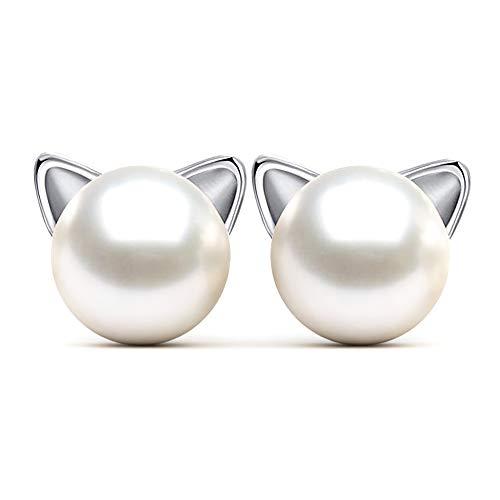 Epoch World 8MM Orecchini Perle per Donna Bambine Argento 925, Orecchini Gatto Donna Piccolo