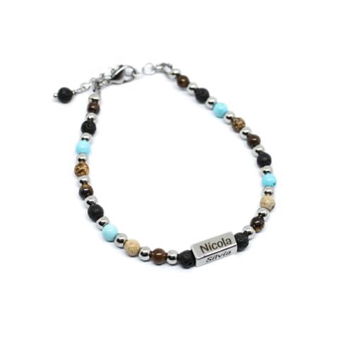 Bracciale Uomo Perle Naturali di Pietra Lavica Occhio di Tigre Diaspro e Turchese Personalizzabile con Incisione su Tubetto in Acciaio Quattro Lati