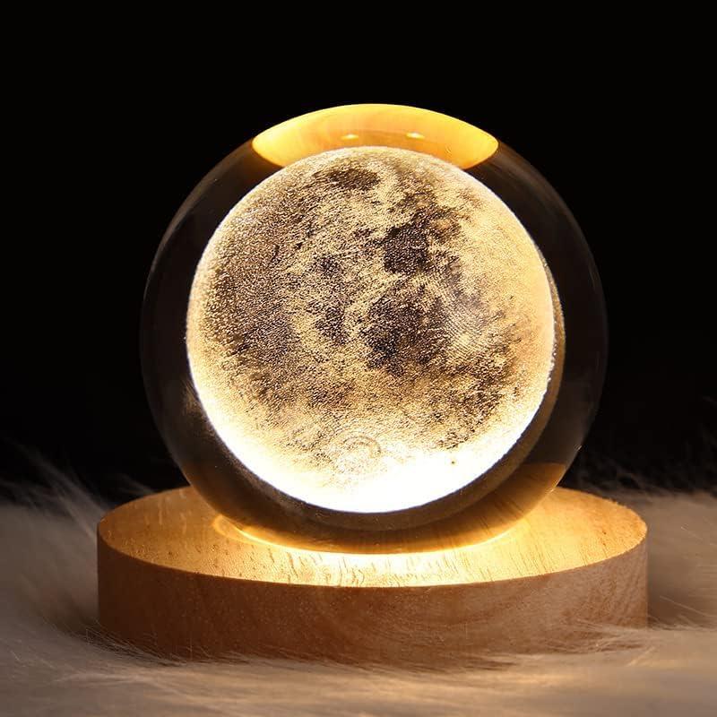 Sfera di cristallo 3D con motivo con alce, luce notturna per bambini a forma di sfera in vetro, lampada da notte con base in legno, tema fantasy con alce