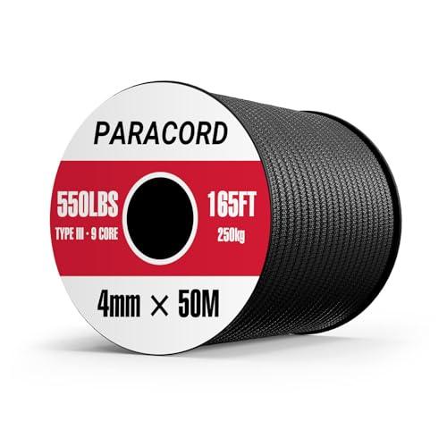 Paracord 550 4mm 50M - Tipo III Corda da Paracadute a 9 Fili, Corda e Filo 100% Poliestere, per Campeggio/Sopravvivenza/Guinzaglio per Cani/Collare/Braccialetto, Max. 250 kg/550 lbs (Nero)